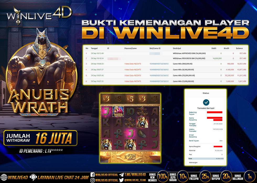 WINLIVE4D JACKPOT SLOT ANUBIS WRATH Rp.16.000.000.,- LUNAS