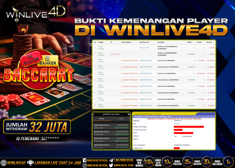 WINLIVE4D JACKPOT LIVE CASINO BACCARAT Rp.32.000.000