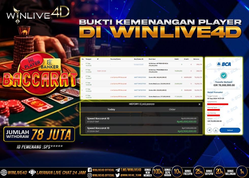 WINLIVE4D JACKPOT LIVE CASINO BACCARAT Rp.78.000.000