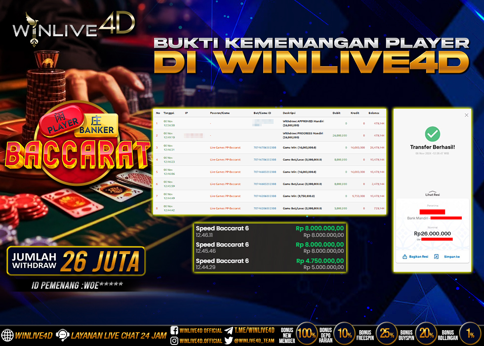 WINLIVE4D JACKPOT LIVE CASINO BACCARAT Rp.26.000.000