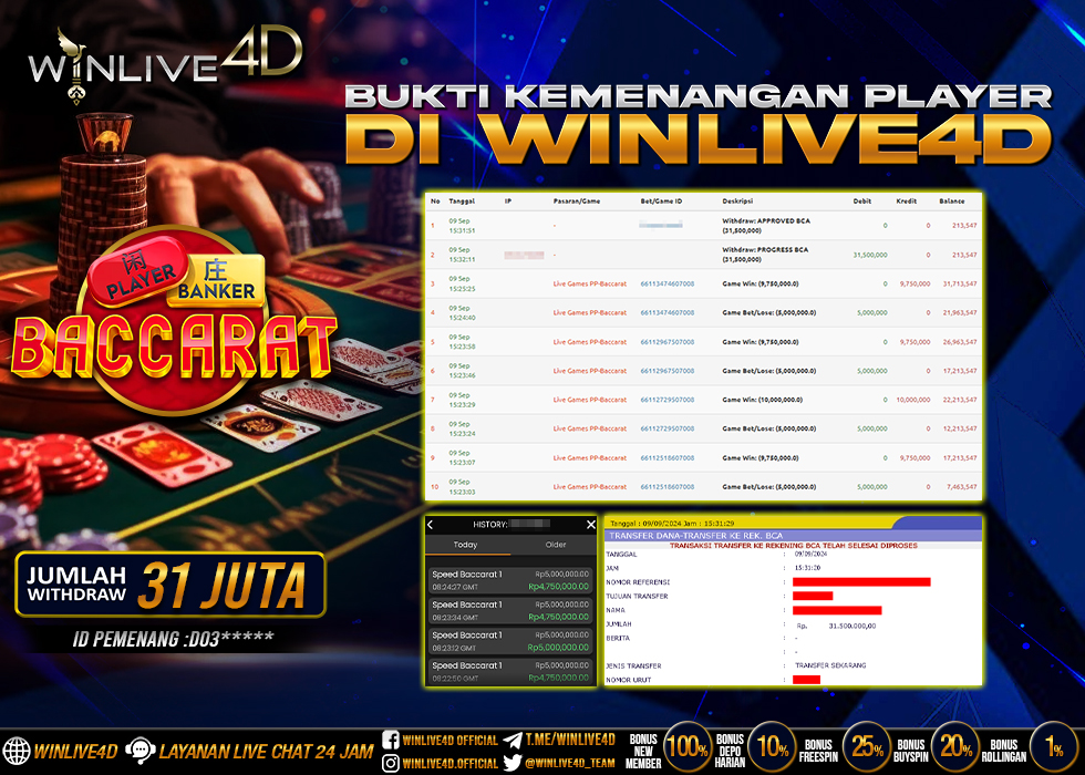 WINLIVE4D JACKPOT LIVE CASINO BACCARAT Rp.31.500.000