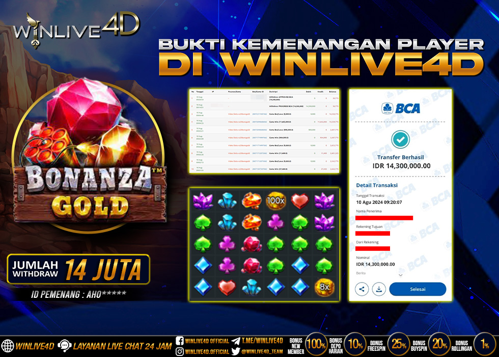 WINLIVE4D JACKPOT SLOT BONANZA GOLD Rp.17.600.000.,- LUNAS