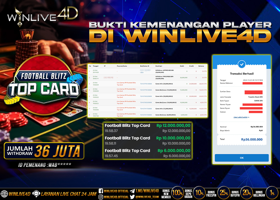 WINLIVE4D JACKPOT LIVE CASINO FOOTBALL BLITZ TOP CARD Rp.36.000.000.,- LUNAS
