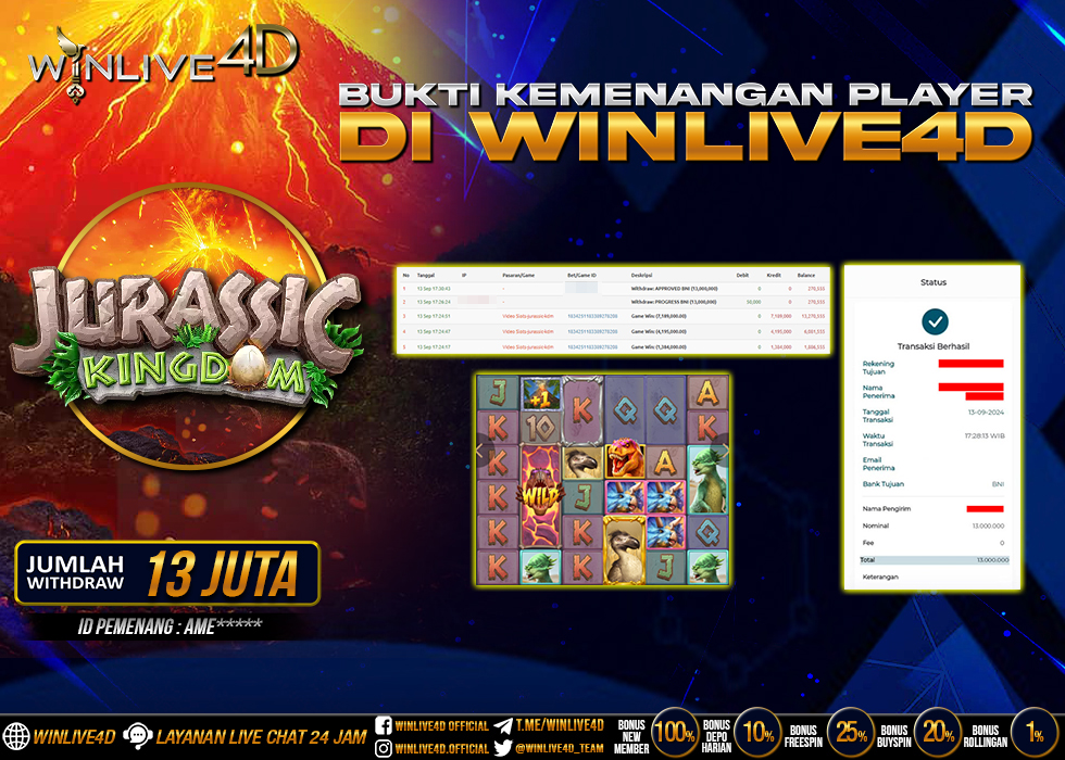 WINLIVE4D JACKPOT SLOT JURASSIC KINGDOM Rp.19.000.000.,- LUNAS