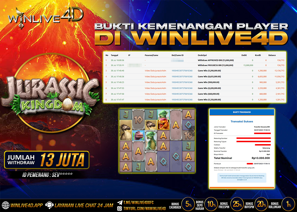 WINLIVE4D JACKPOT SLOT JURASSIC KINGDOM RP.13.000.000