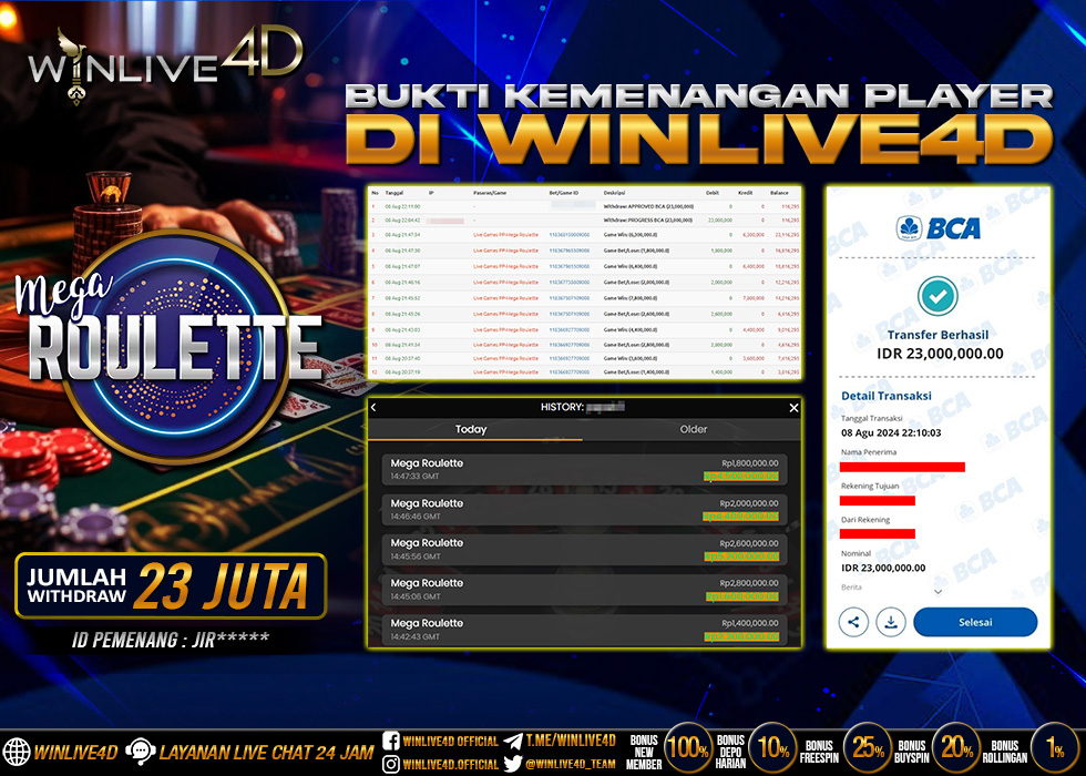 WINLIVE4D JACKPOT LIVE CASINO MEGA ROULETTE Rp.47.000.000.,- LUNAS