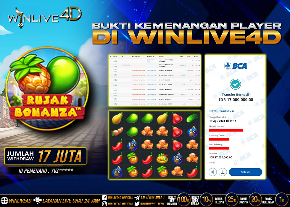 WINLIVE4D JACKPOT SLOT RUJAK BONANZA Rp.17.000.000.,- LUNAS